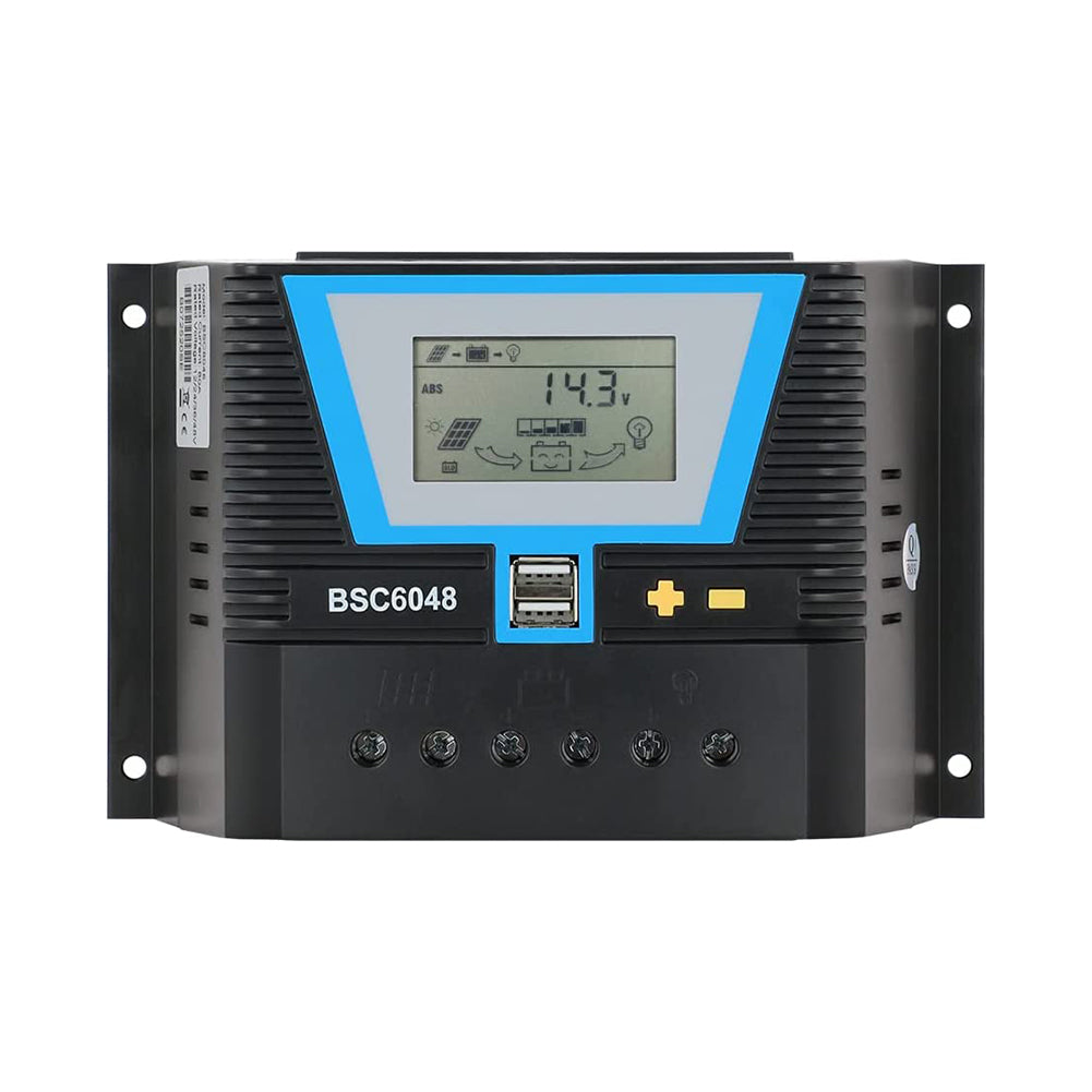 PWM Solar Controller 60A, 12V 24V 36V 48V Auto Dual USB Output Charge Controller Fit for Lithium/Lead-Acid Battery Regulator
