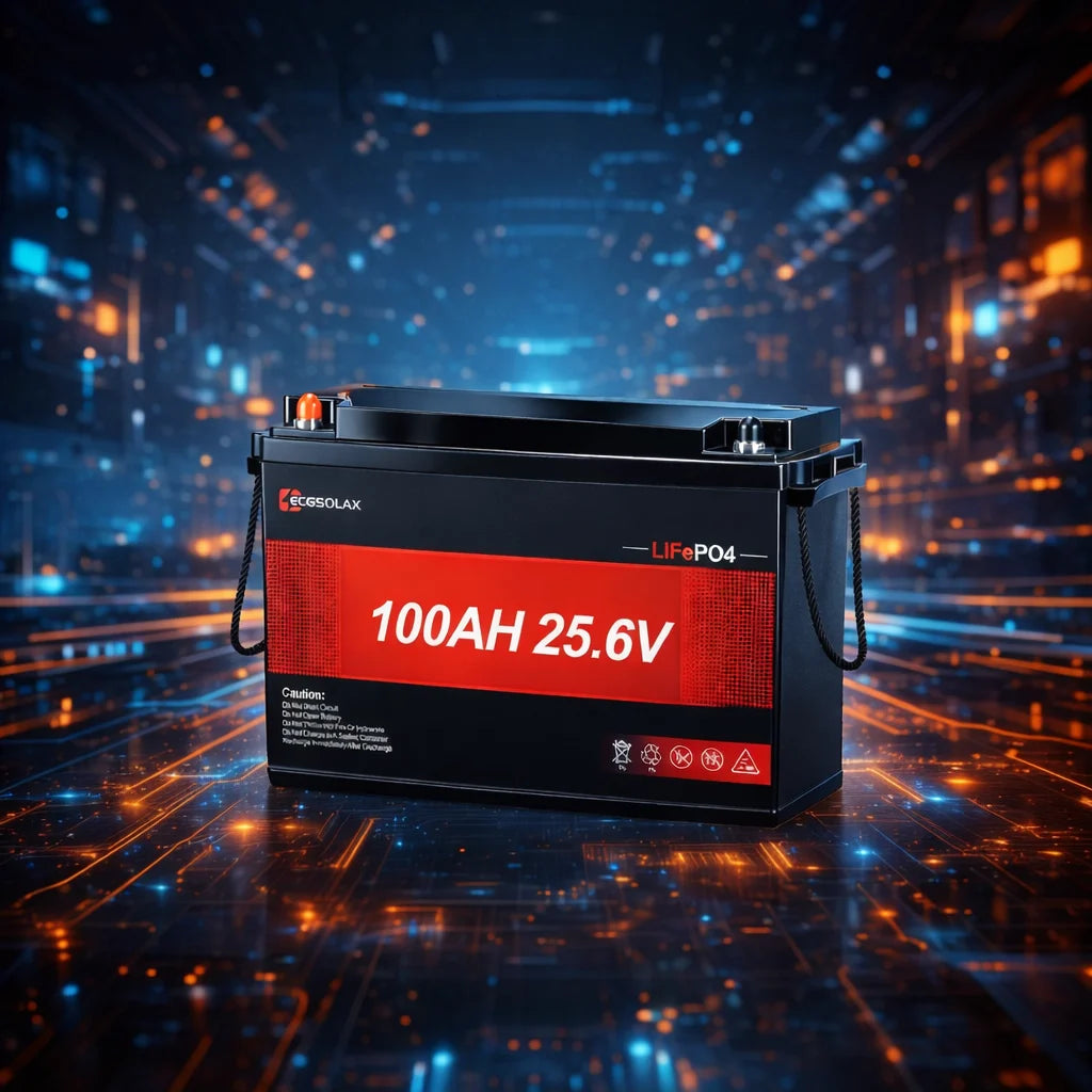 25.6V 100Ah LiFePO4 lithium battery for solar energy storage, home backup, and off-grid power systems