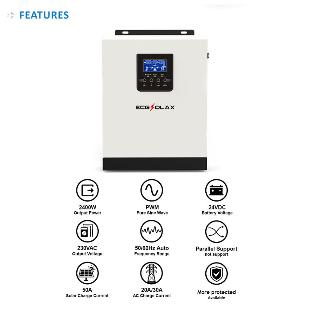 3000VA DC 24V AC 220V Hybrid Pure Sine Wave PWM Inverter Charger