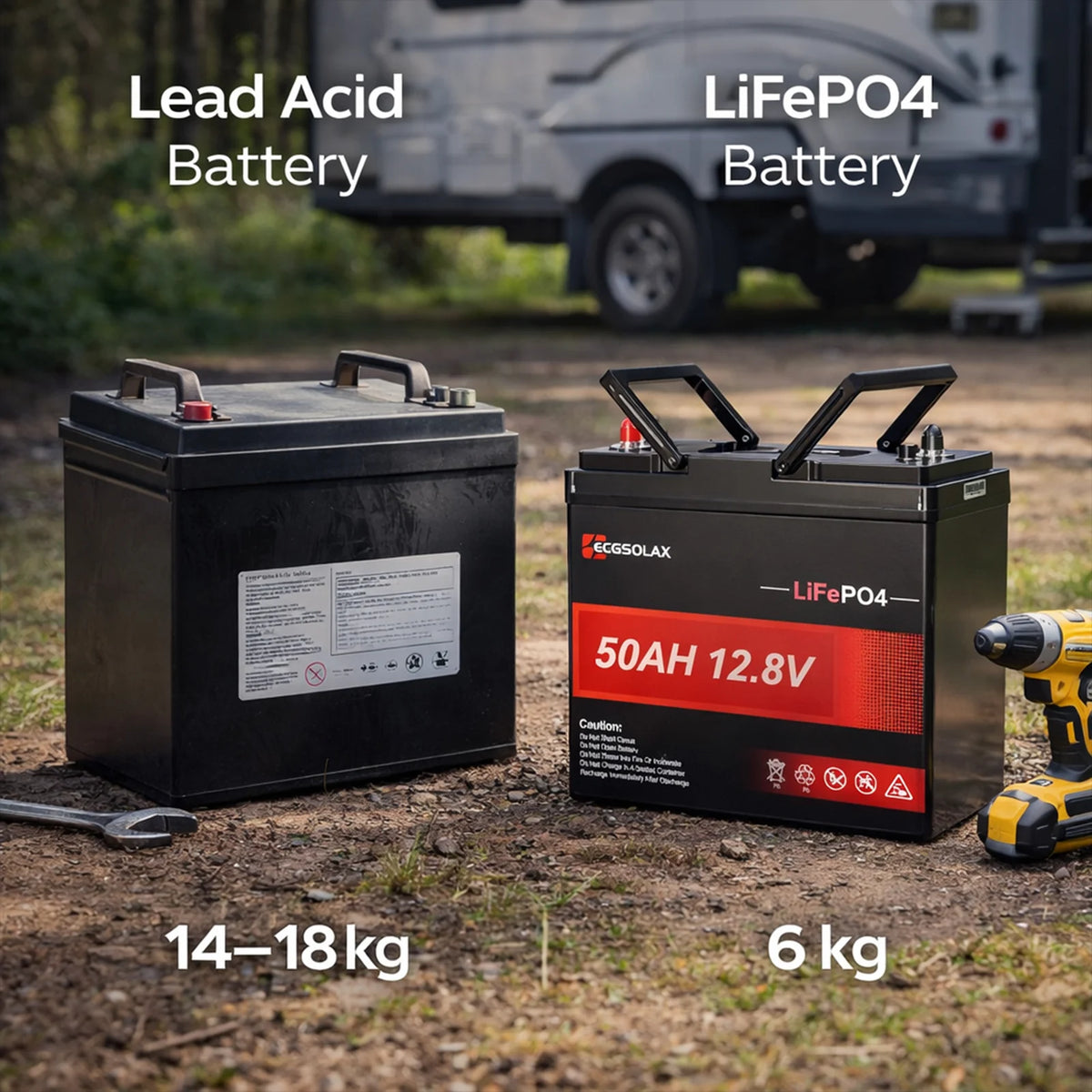 Two batteries, a lead acid battery and a LiFePO4 battery, with text indicating specifications and weight differences, set against a blurred outdoor background.
