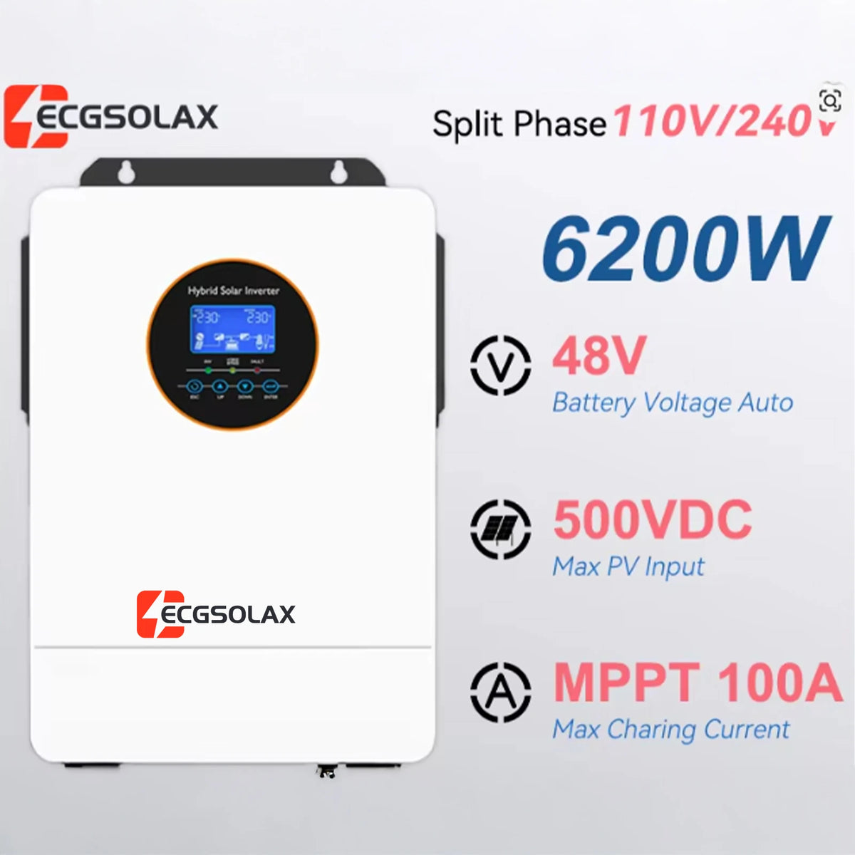 ECGSOLAX inverter specs split-phase 110V240V 6200W 48V battery 500VDC max PV input MPPT 100A charge current.