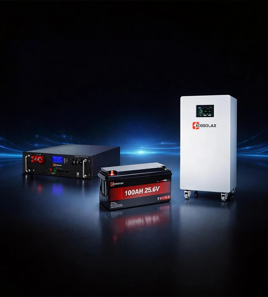 ECGSOLAX home energy storage system with lithium battery (100Ah 25.6V), inverter unit, and power control system displayed on a dark blue tech background.