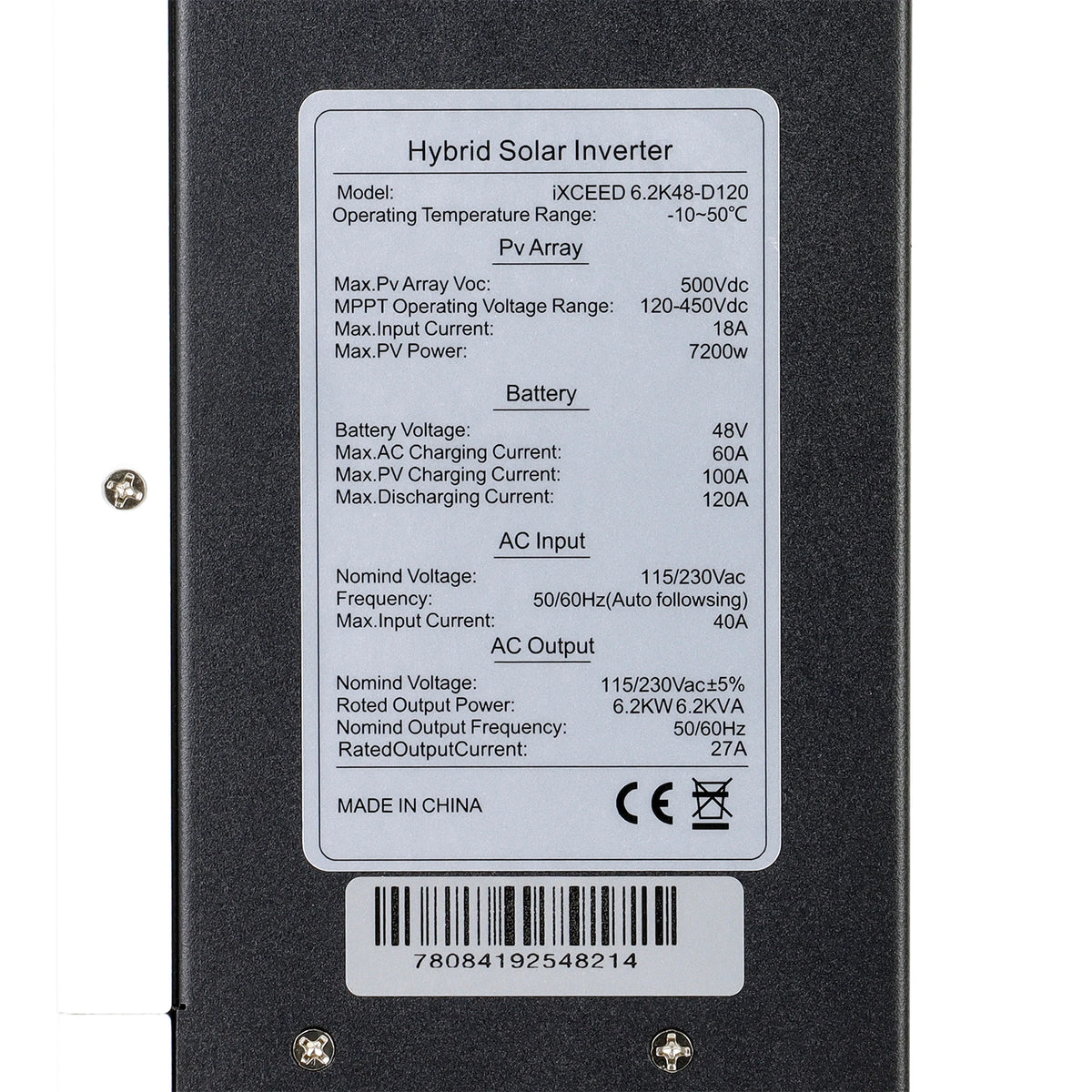 6.2kW 48V 110Vac/220Vac Split Phase All-in-One Soalr Inverter