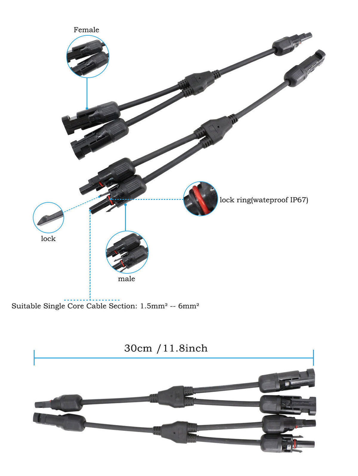 Solar Panel Y Branch Cable Connection Waterproof Adapter Connector Extension