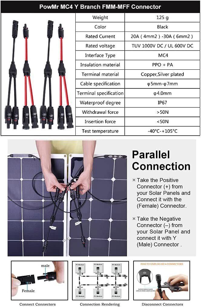 Solar Panel Y Branch Cable Connection Waterproof Adapter Connector Extension