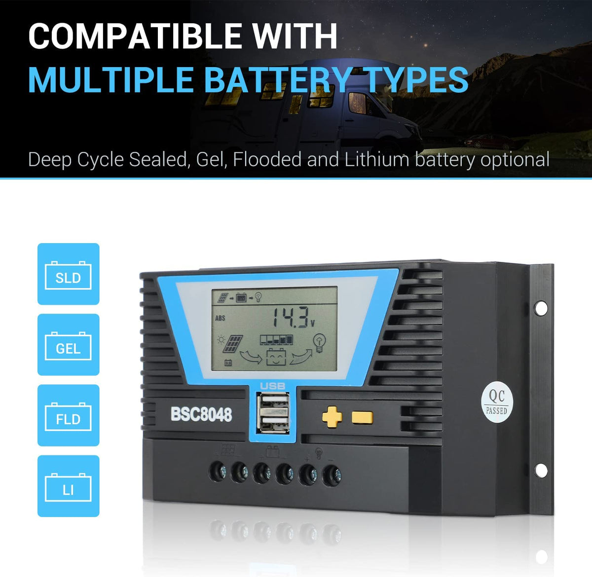 Solar Controller 80A, 12V 24V 36V 48V Auto Dual USB Output Charge Controller Fit for Lithium/Lead-Acid Battery Regulator