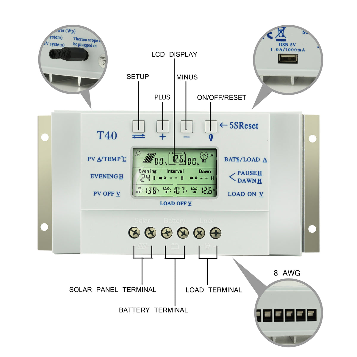 MPPT 40A Solar Charge and Discharge Controller 12V 24V LCD USB Regulator with Load Dual Timer Control for Solar Lighting System