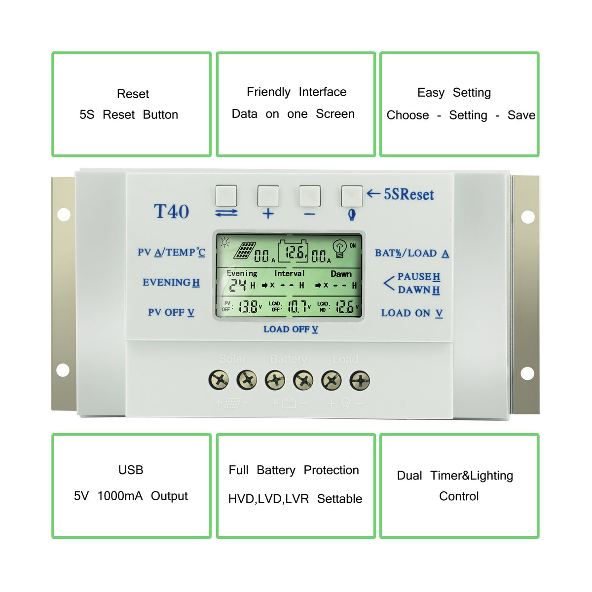 MPPT 40A Solar Charge and Discharge Controller 12V 24V LCD USB Regulator with Load Dual Timer Control for Solar Lighting System