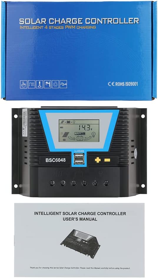 Solar Controller 60A, 12V 24V 36V 48V Auto Dual USB Output Charge Controller Fit for Lithium/Lead-Acid Battery Regulator