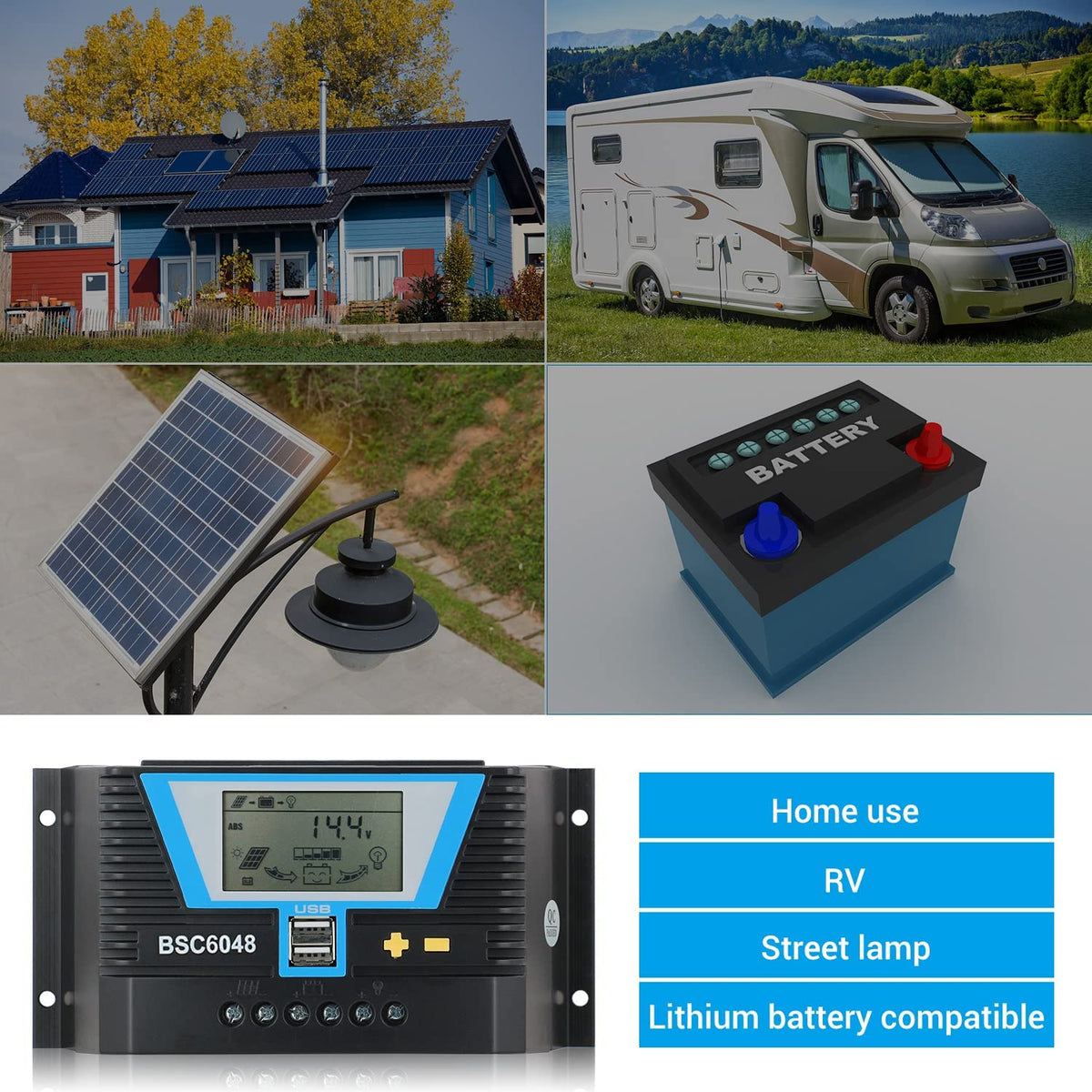 Solar Controller 60A, 12V 24V 36V 48V Auto Dual USB Output Charge Controller Fit for Lithium/Lead-Acid Battery Regulator